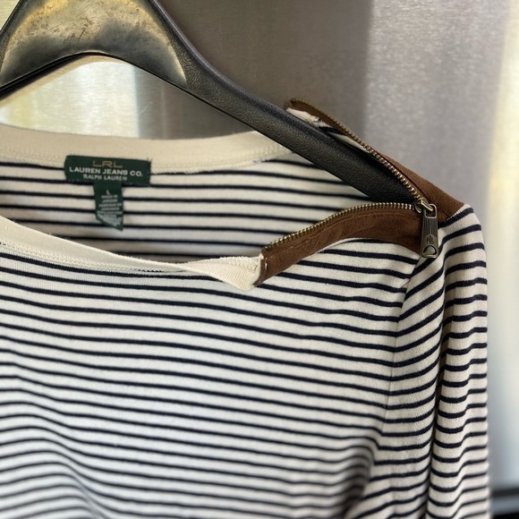 Vintage RALPH LAUREN women’s Sz L shirt striped white w/suede LEATHER patch - Picture 6 of 15